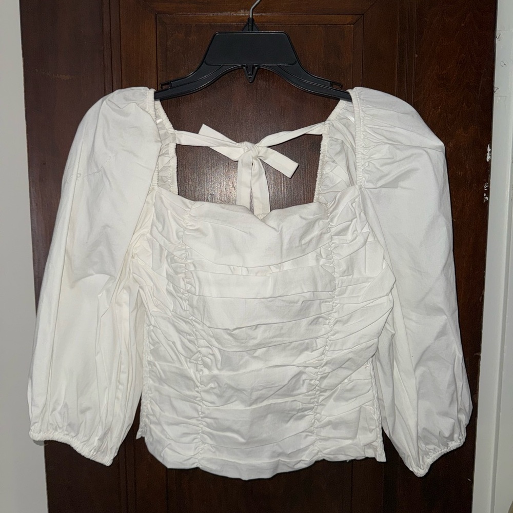 Wayf White Ruched Puff Sleeve Top